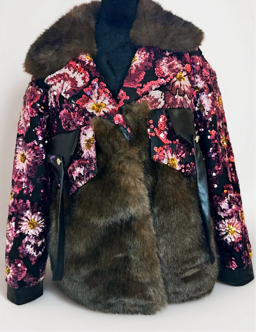 Midnight Bloom Sequin Fur Coat