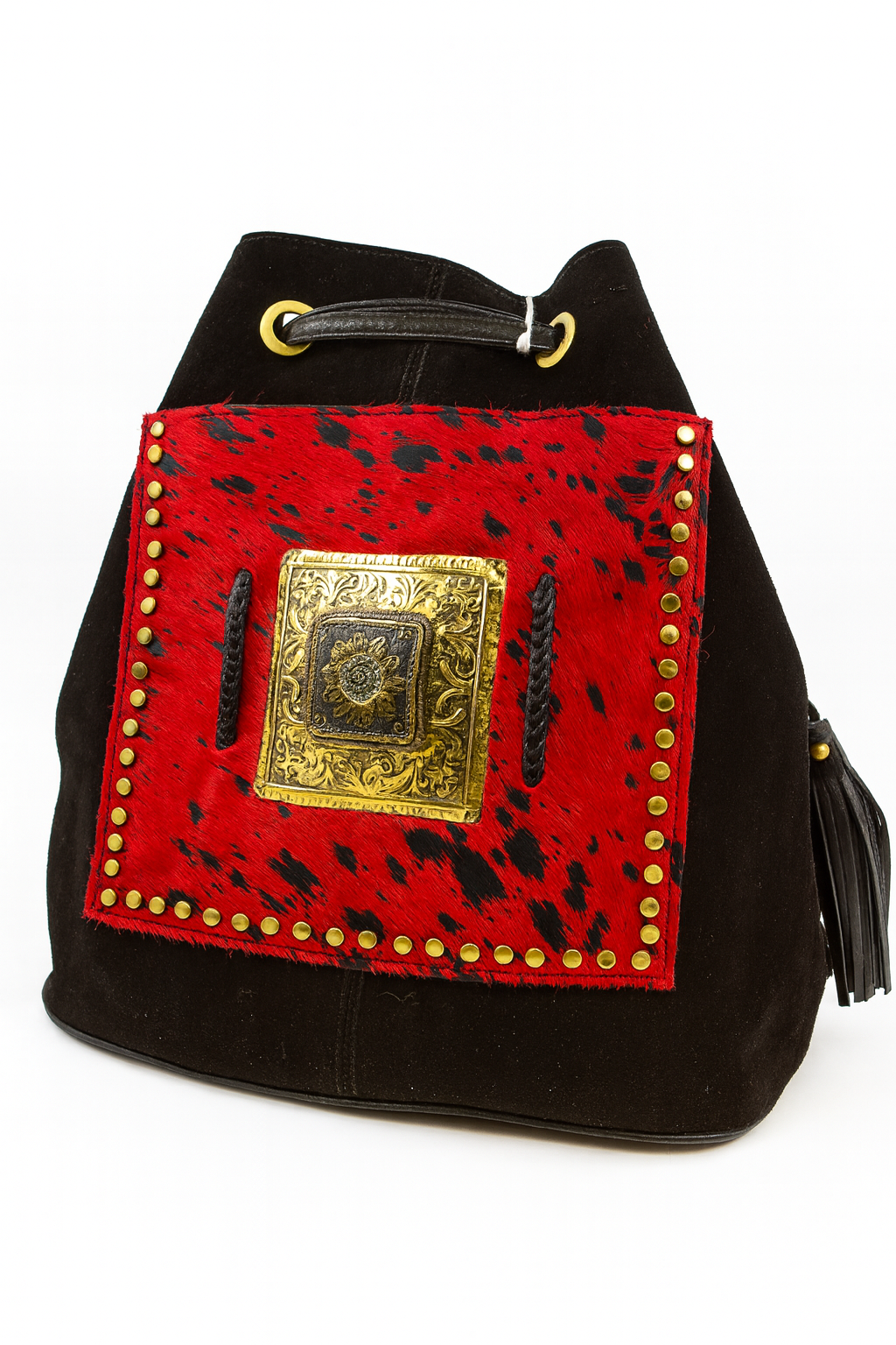 Crimson Crest Suede Bucket Bag