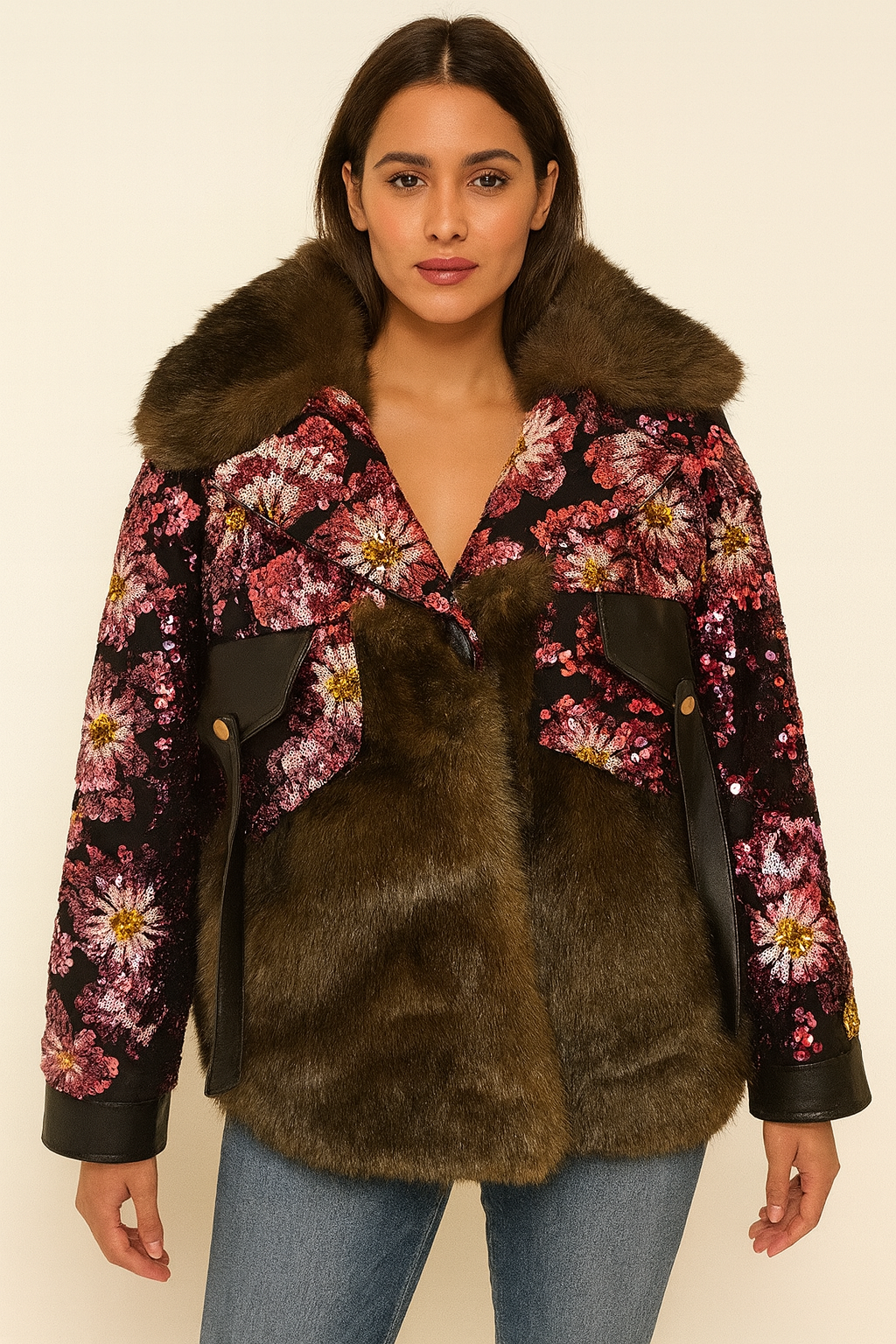 Midnight Bloom Sequin Fur Coat