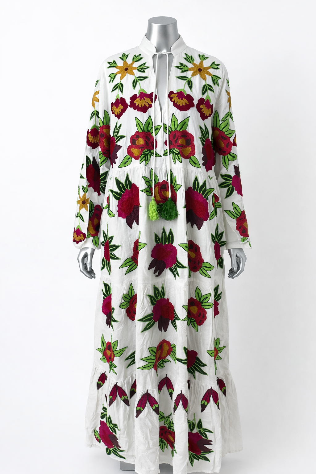 Crimson Garden Hand-Embroidered Maxi Dress