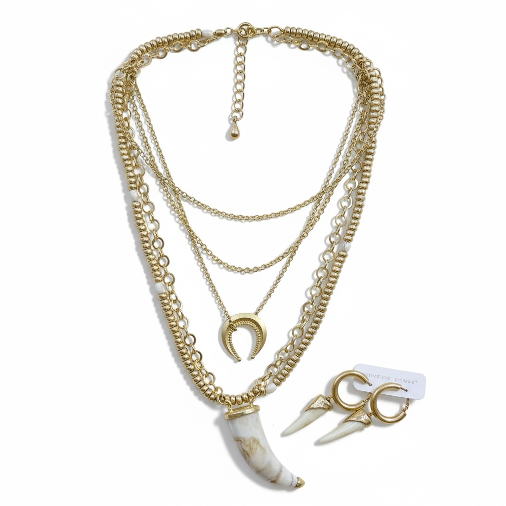 Golden Tusk Boho Layered Necklace & Earring Set