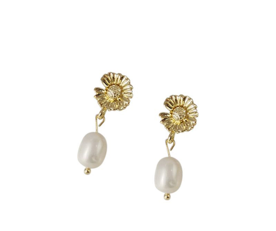 Gold Flower and Pearl Drop Earrings
