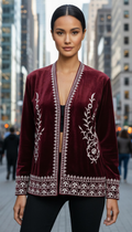 Embroidered Velveteen Open-Front Jacket