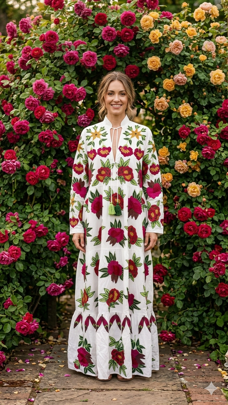 Crimson Garden Hand-Embroidered Maxi Dress