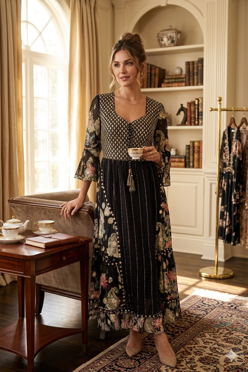 Midnight Mirage Embellished Boho Dress