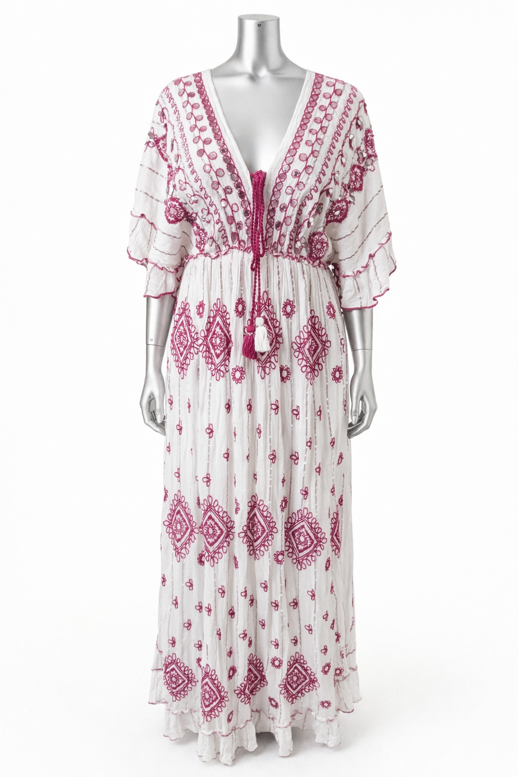Raspberry Mirage” Embroidered Cotton Maxi Dress