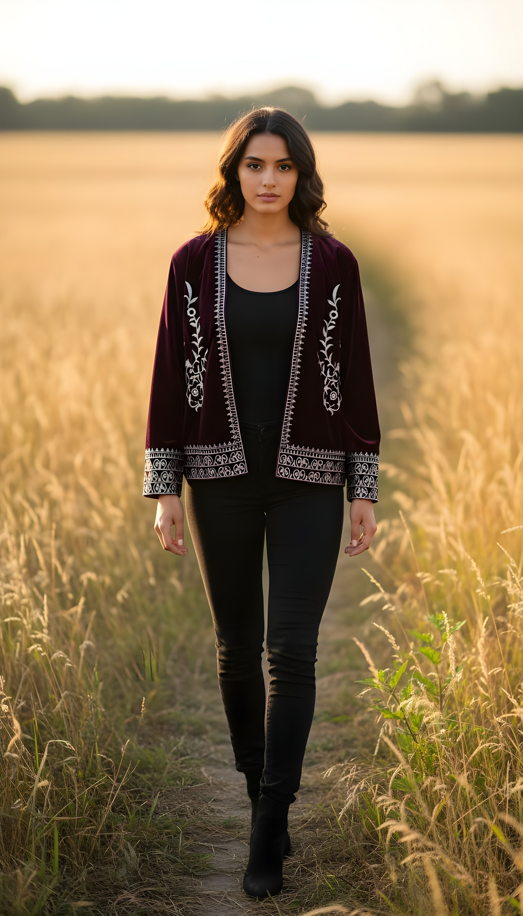 Embroidered Velveteen Open-Front Jacket