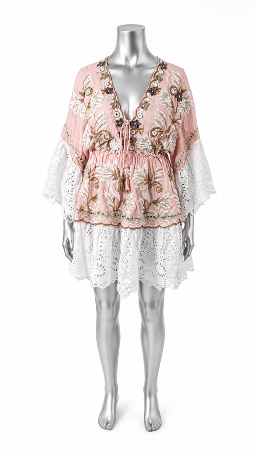 Blush Garden Embroidered Boho Tunic Dress