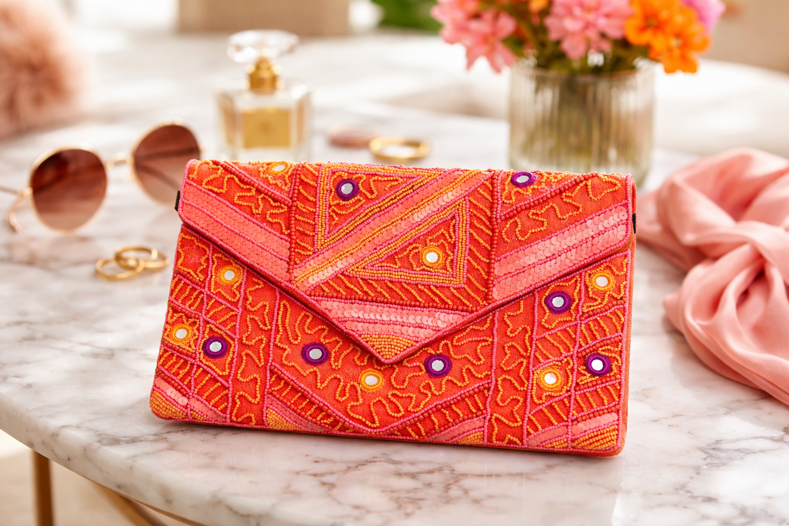 Coral Mirage Beaded Clutch