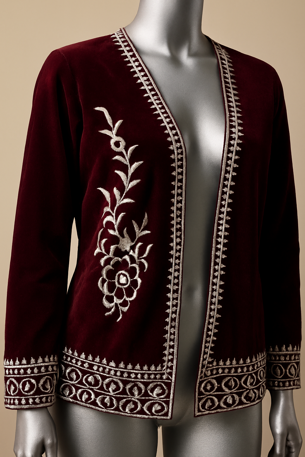 Embroidered Velveteen Open-Front Jacket