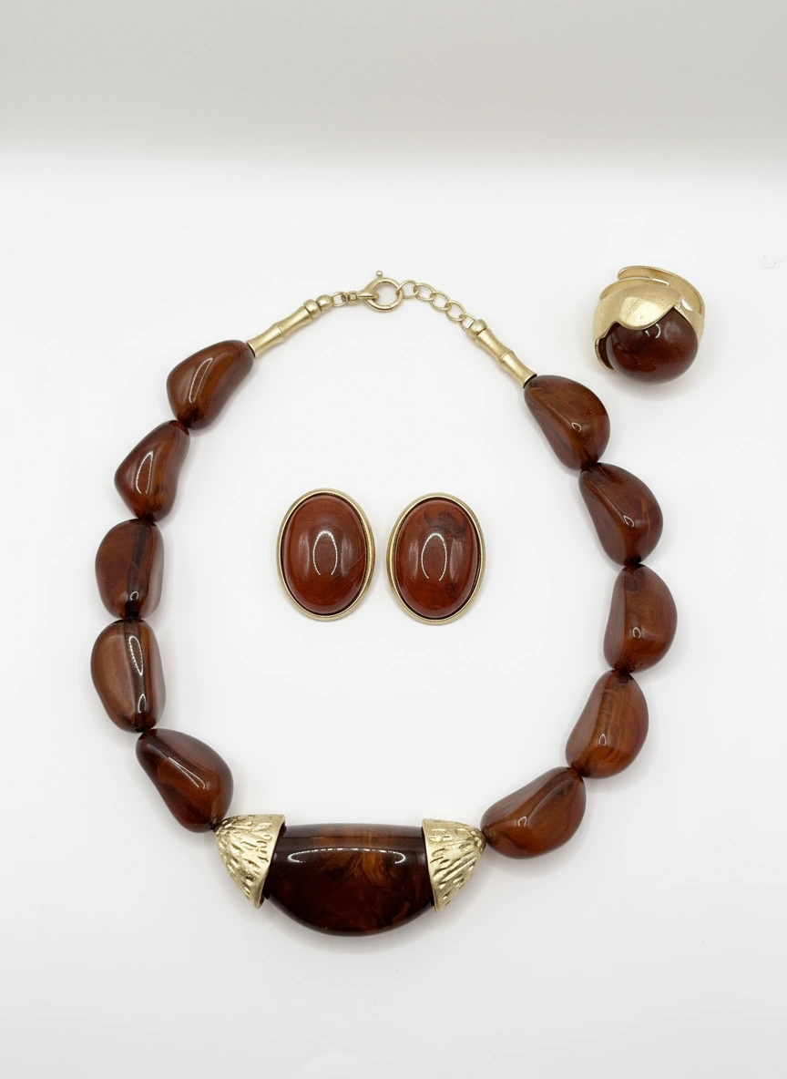 Brown Stone Necklace Set with Earrings and Ring