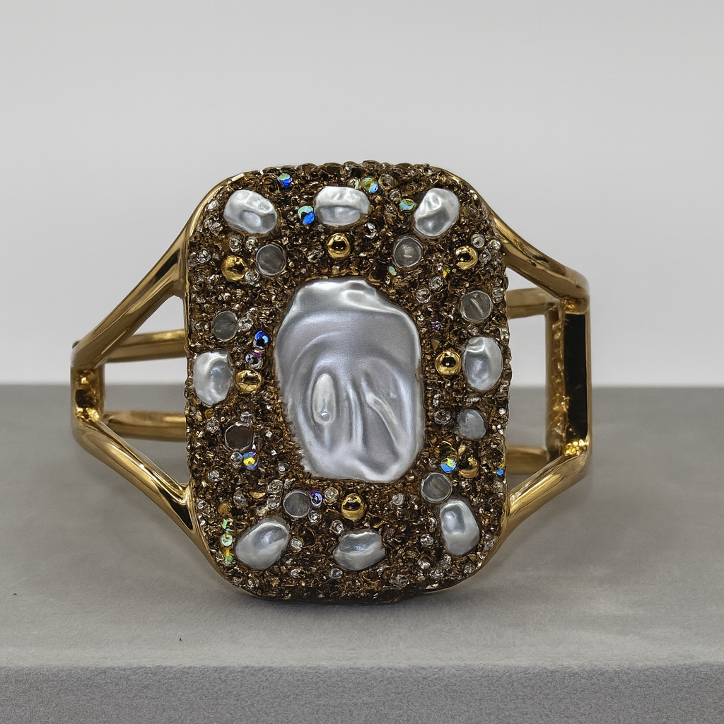 Gold Cuff Bracelet with Pearls and Crystals