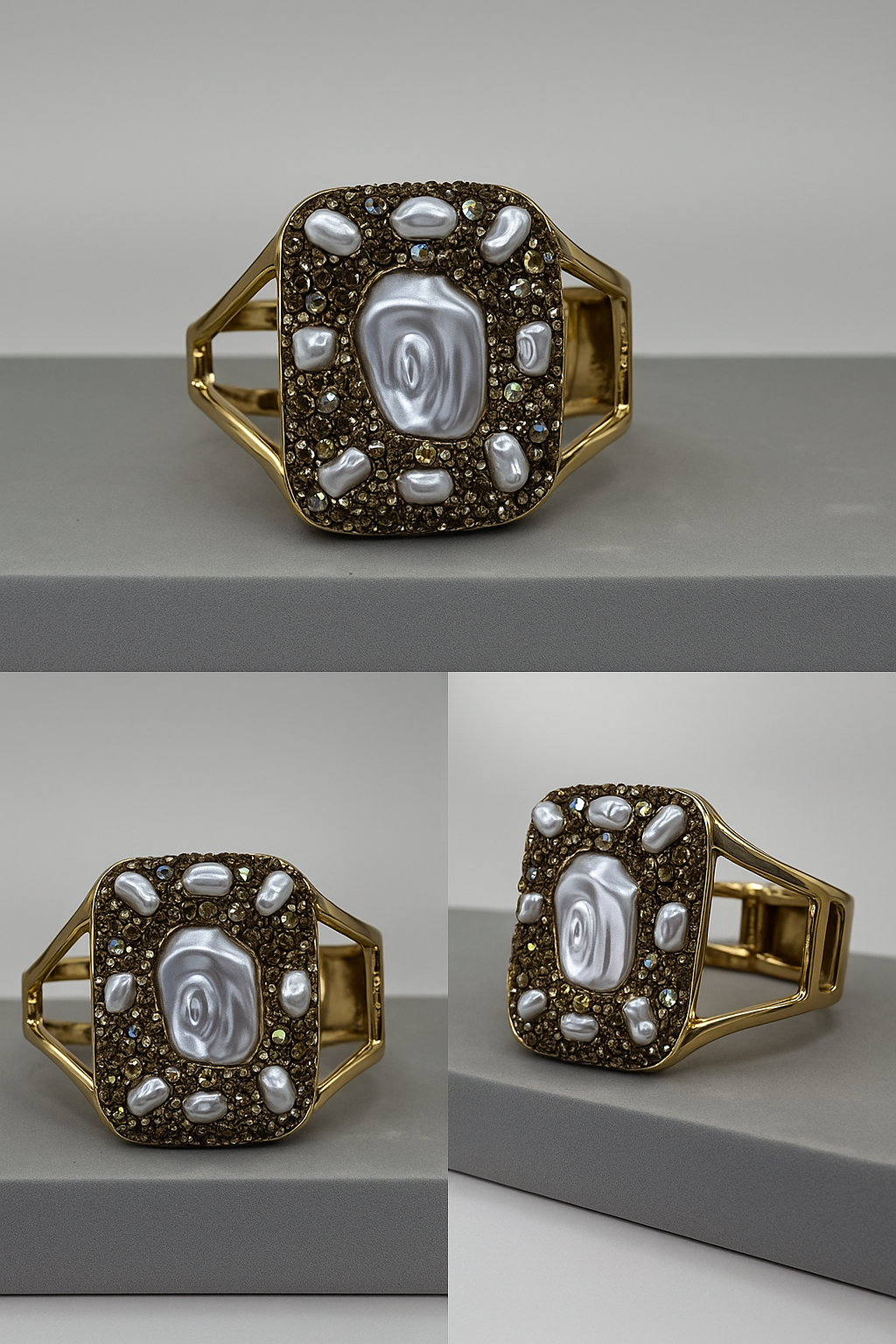 Gold Cuff Bracelet with Pearls and Crystals