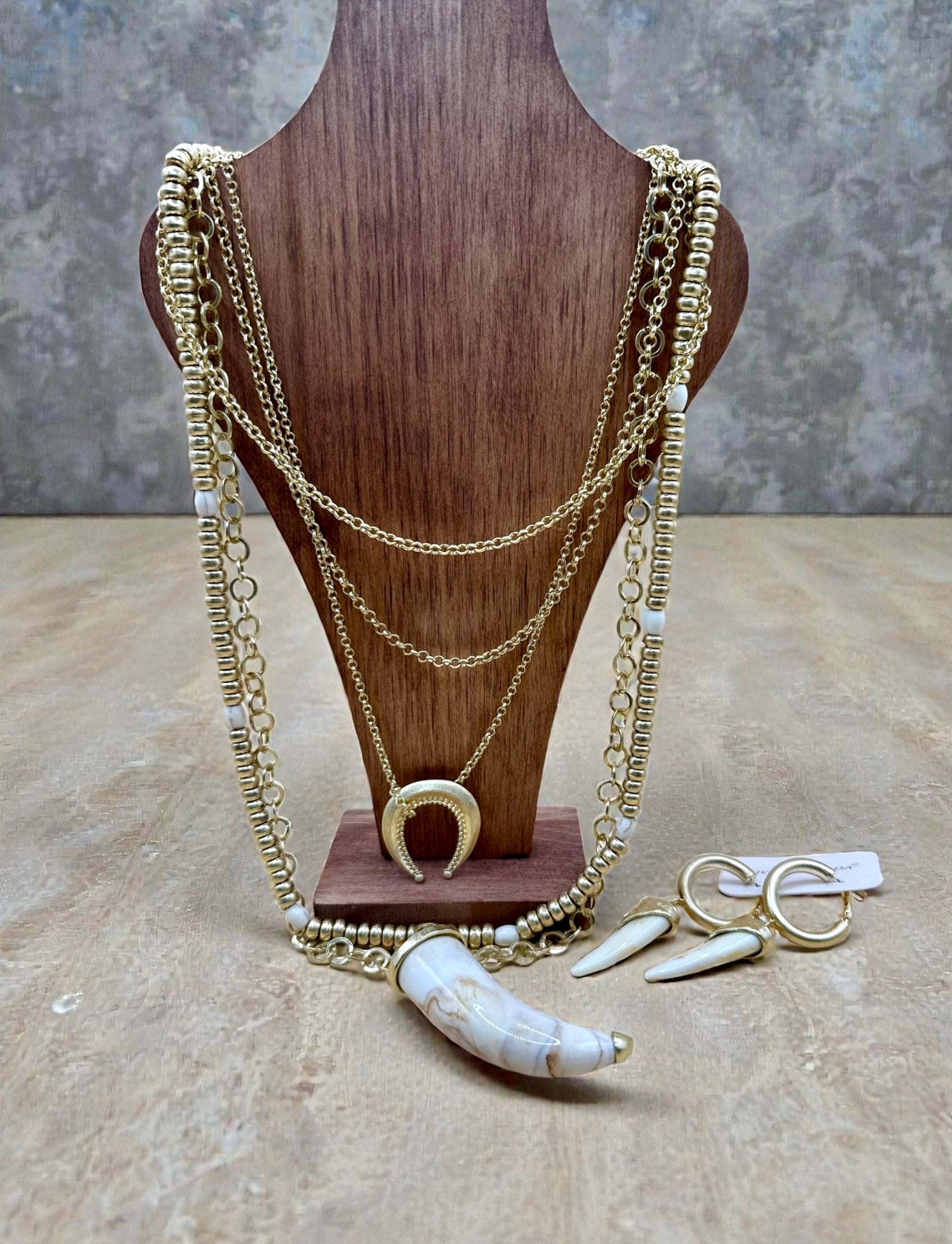 Golden Tusk Boho Layered Necklace & Earring Set