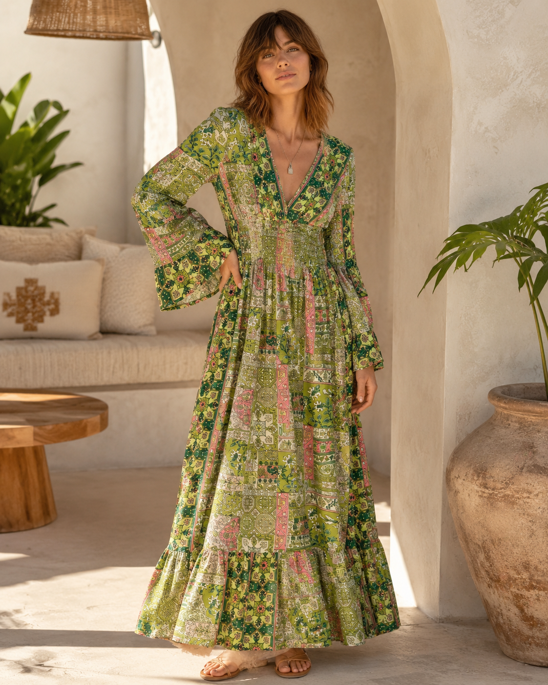 Garden Mosaic Art Silk Maxi Dress