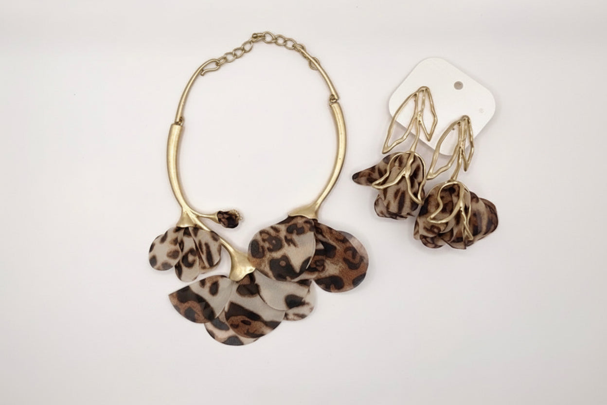 Wild Bloom Statement Set – Cheetah Petal Necklace & Earrings