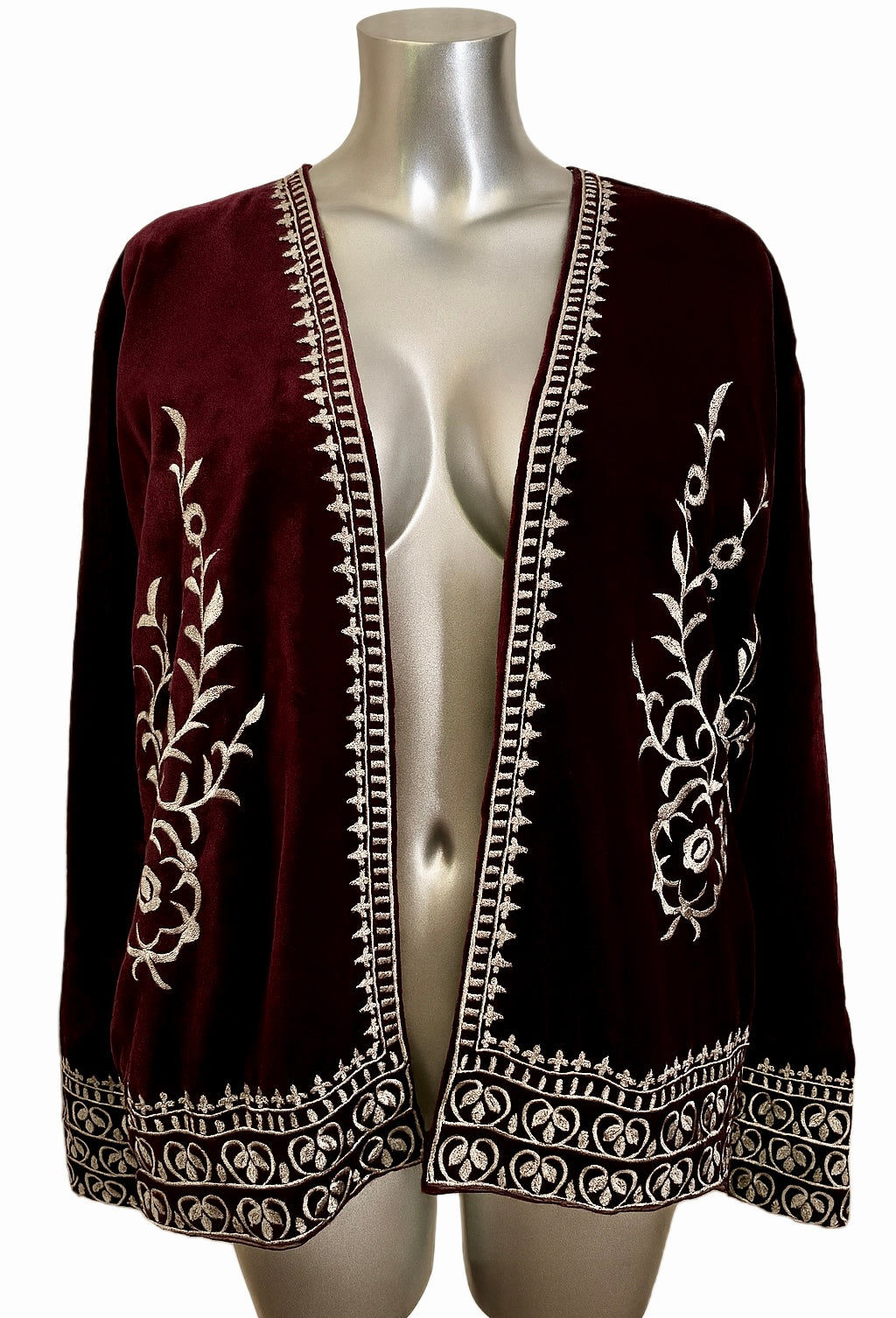 Embroidered Velveteen Open-Front Jacket