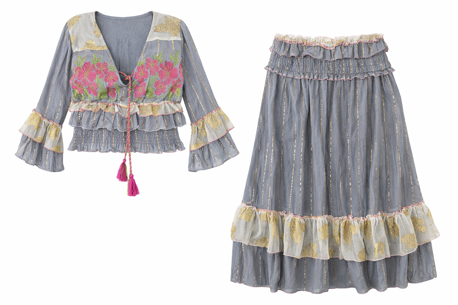 Celeste Bloom Embroidered Blouse & Skirt Set