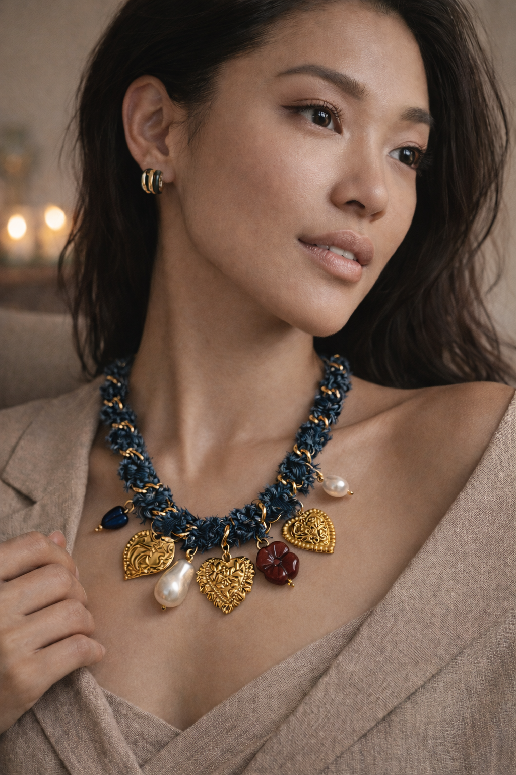 Indigo Heirloom Denim & Gold Charm Set