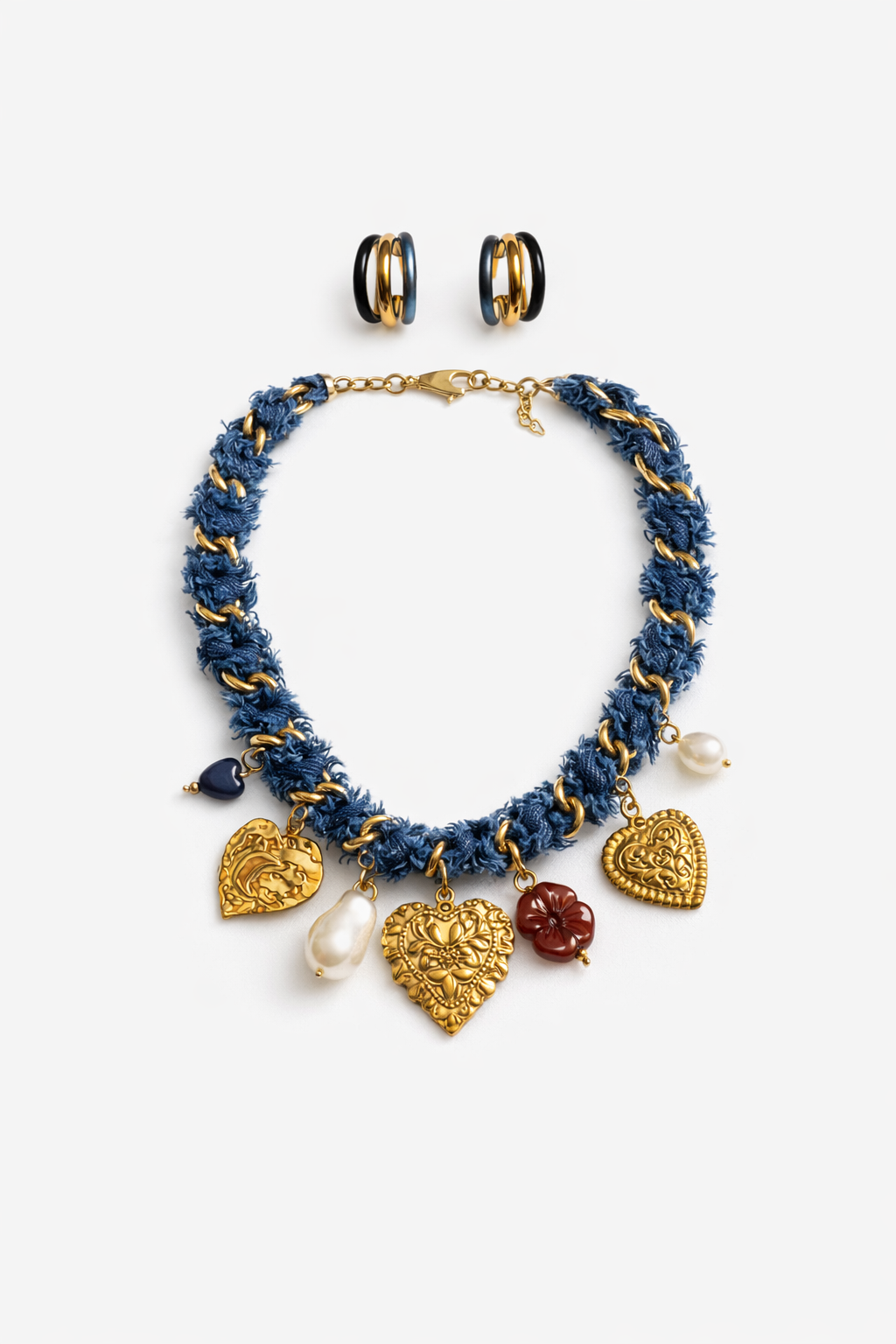 Indigo Heirloom Denim & Gold Charm Set