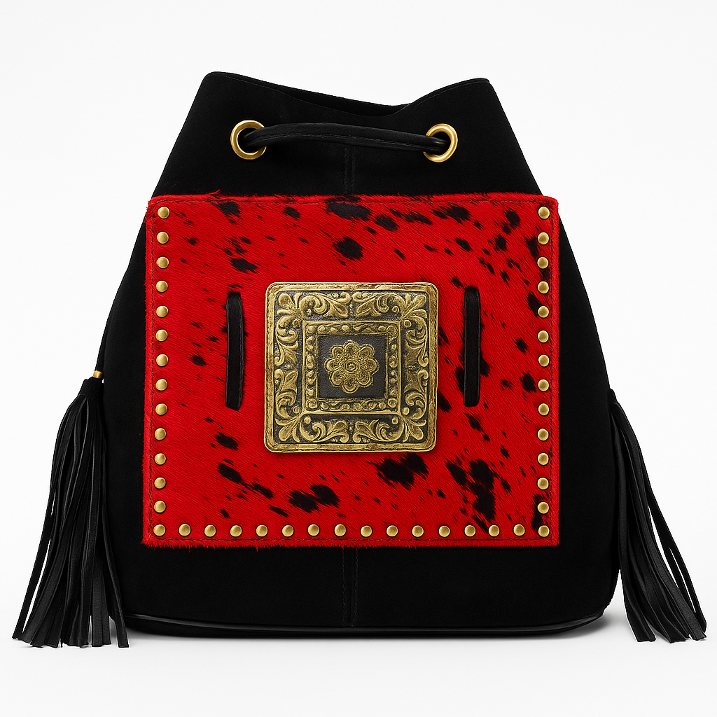 Crimson Crest Suede Bucket Bag