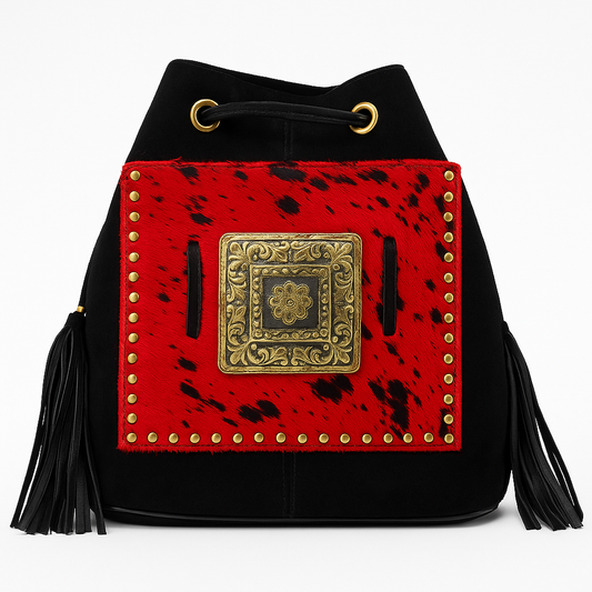 Crimson Crest Suede Bucket Bag