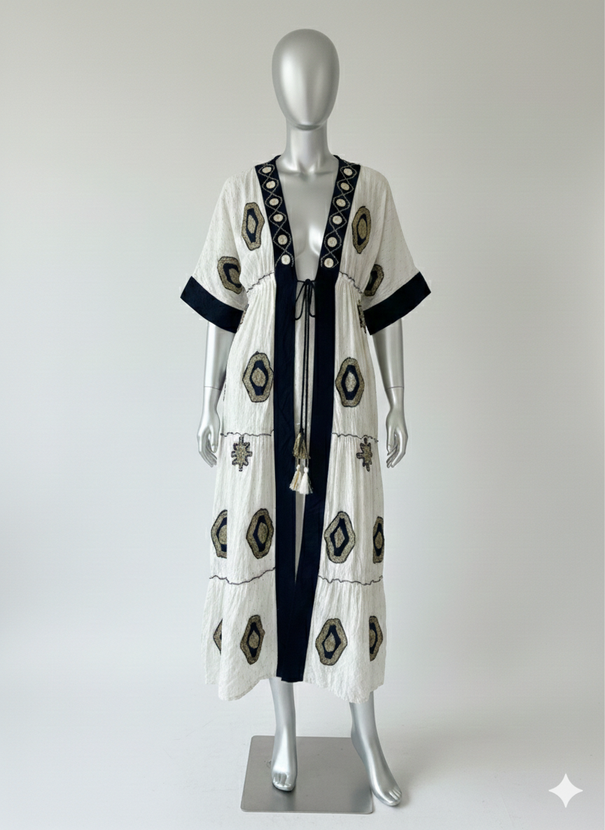 Nomad Eclipse Embroidered Duster Kaftan | Boho Luxe Cotton Layer |