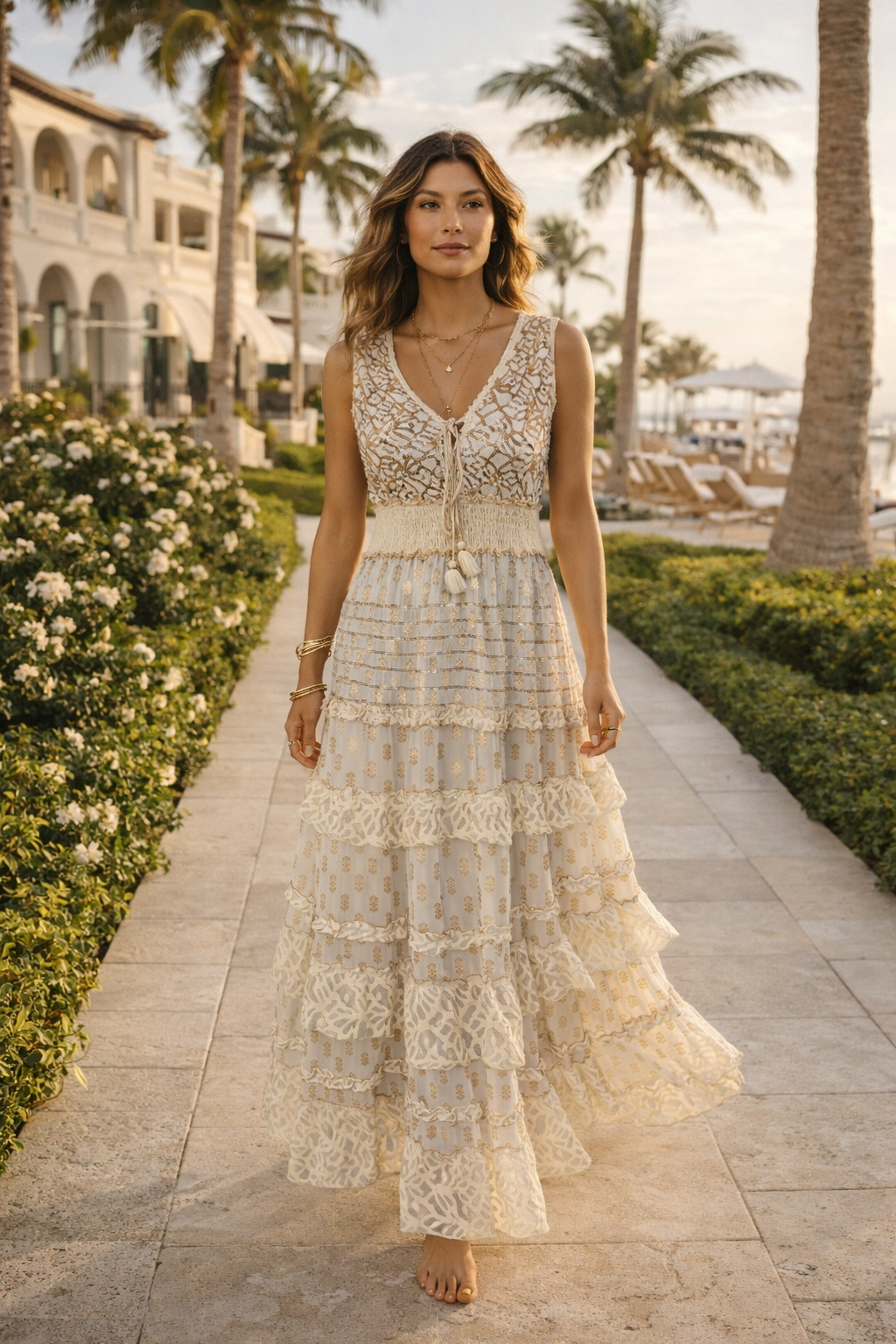 Golden Reverie Tiered Maxi Dress