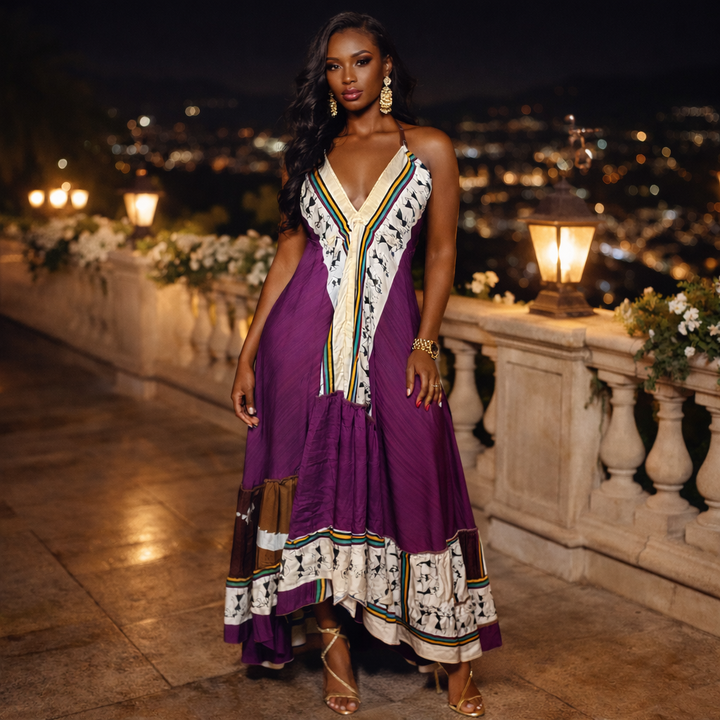 Midnight Jazz Silk Halter Maxi Dress