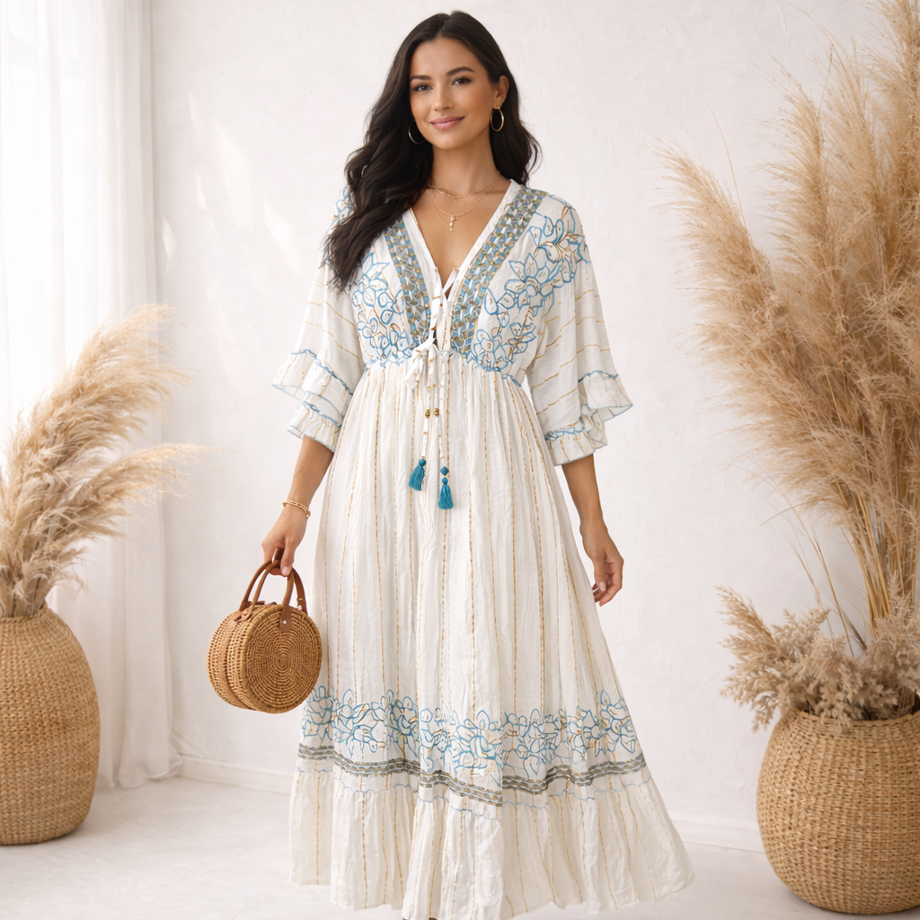 Azure Solara Embroidered Maxi Dress