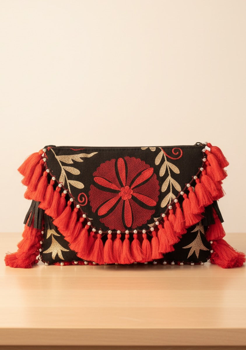 Scarlet Nomad Tassel Clutch