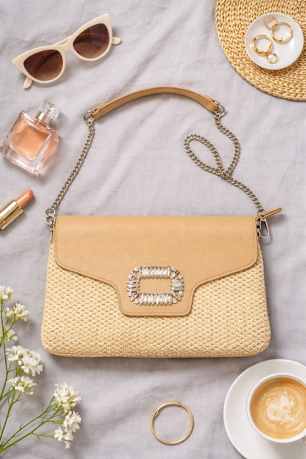 Golden Riviera Straw & Crystal Clutch