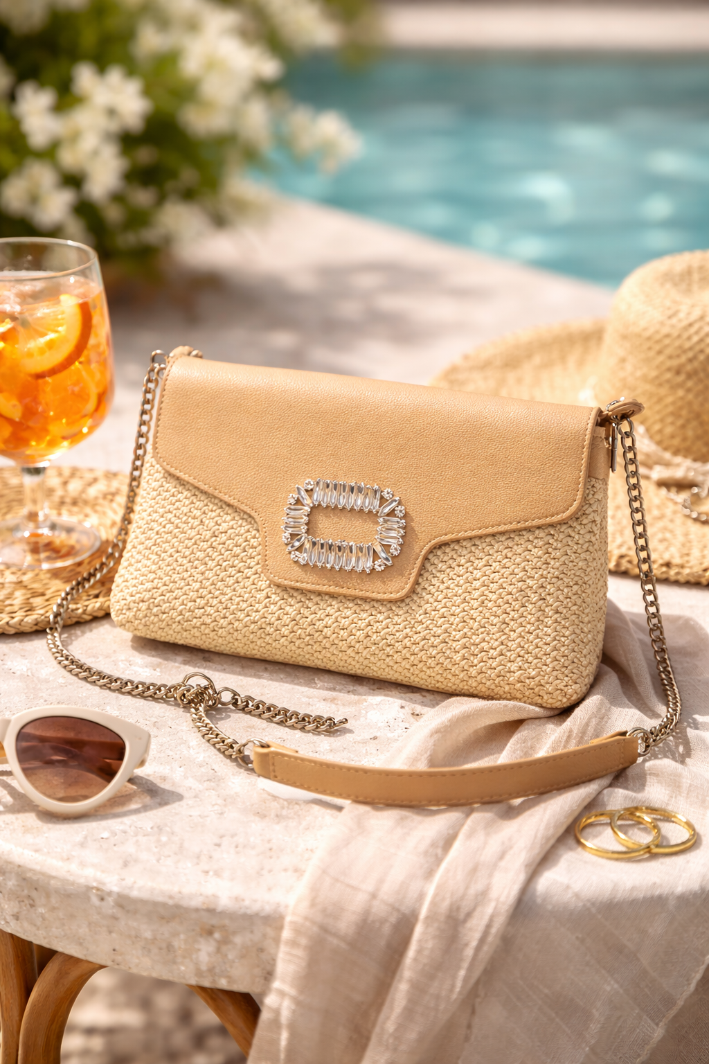 Golden Riviera Straw & Crystal Clutch