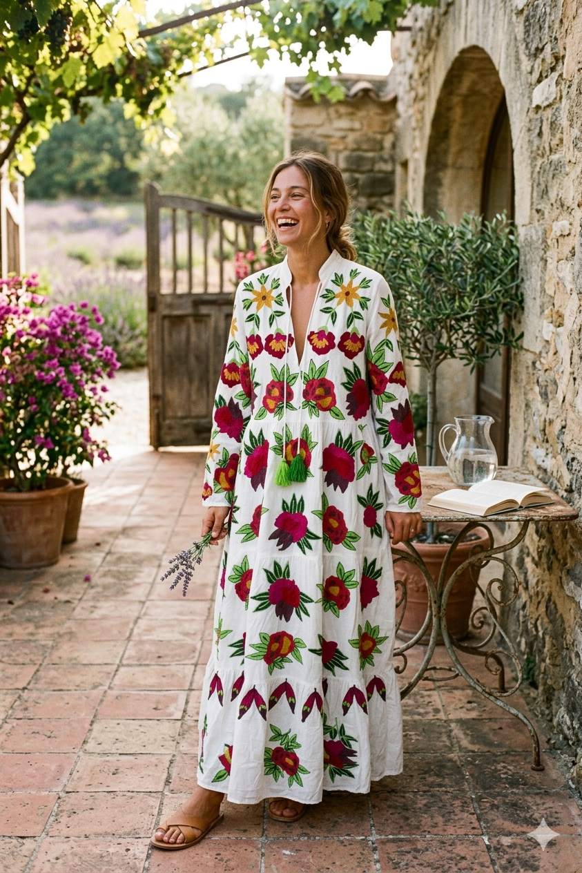 Crimson Garden Hand-Embroidered Maxi Dress