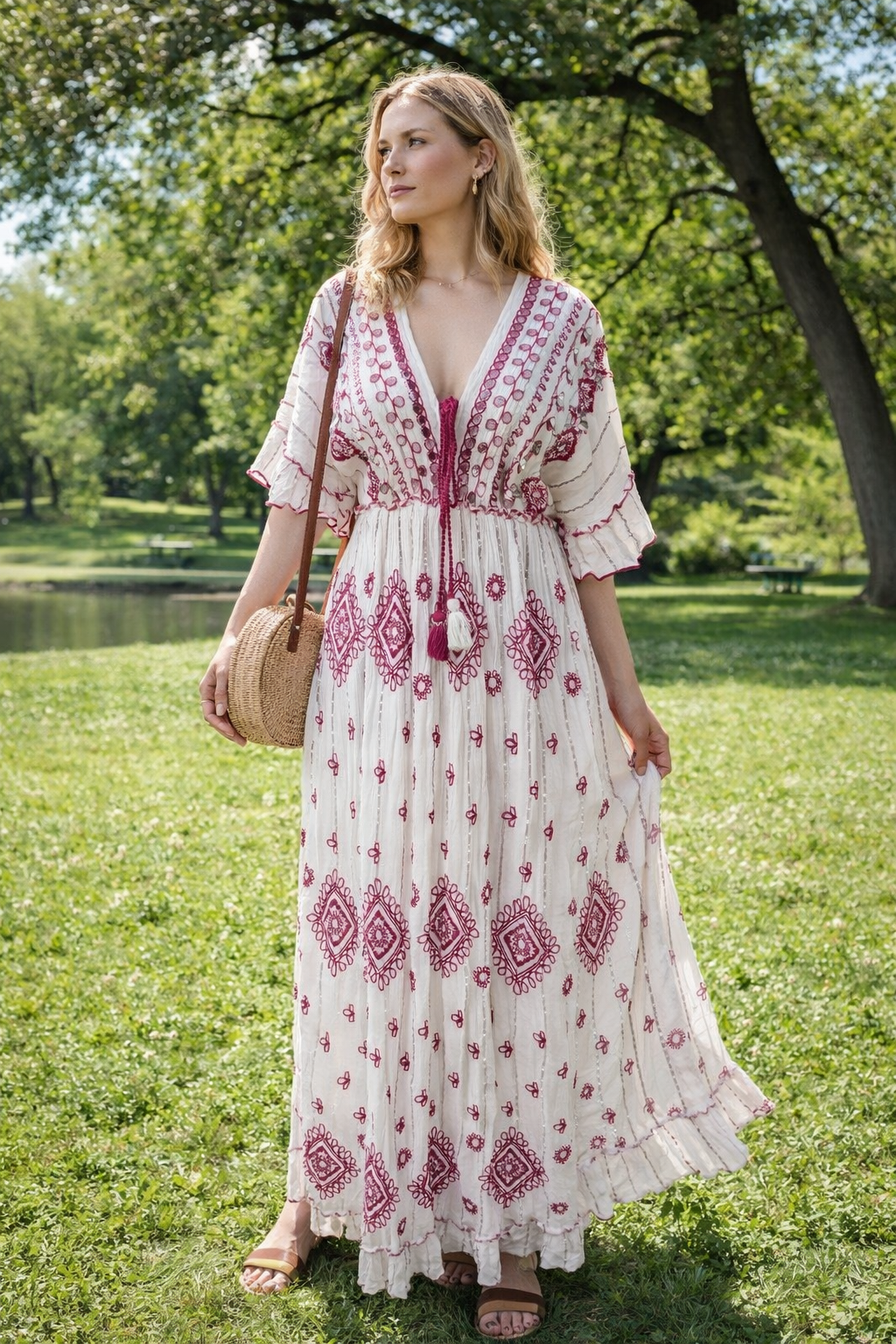Raspberry Mirage” Embroidered Cotton Maxi Dress