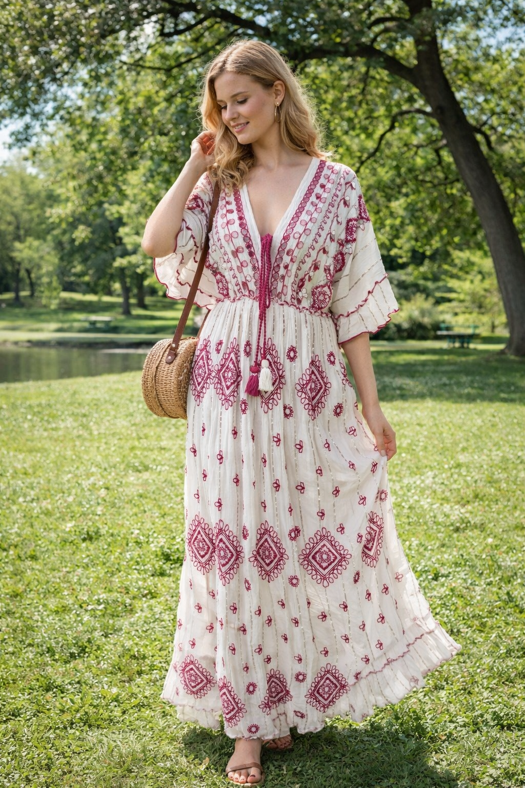 Raspberry Mirage” Embroidered Cotton Maxi Dress