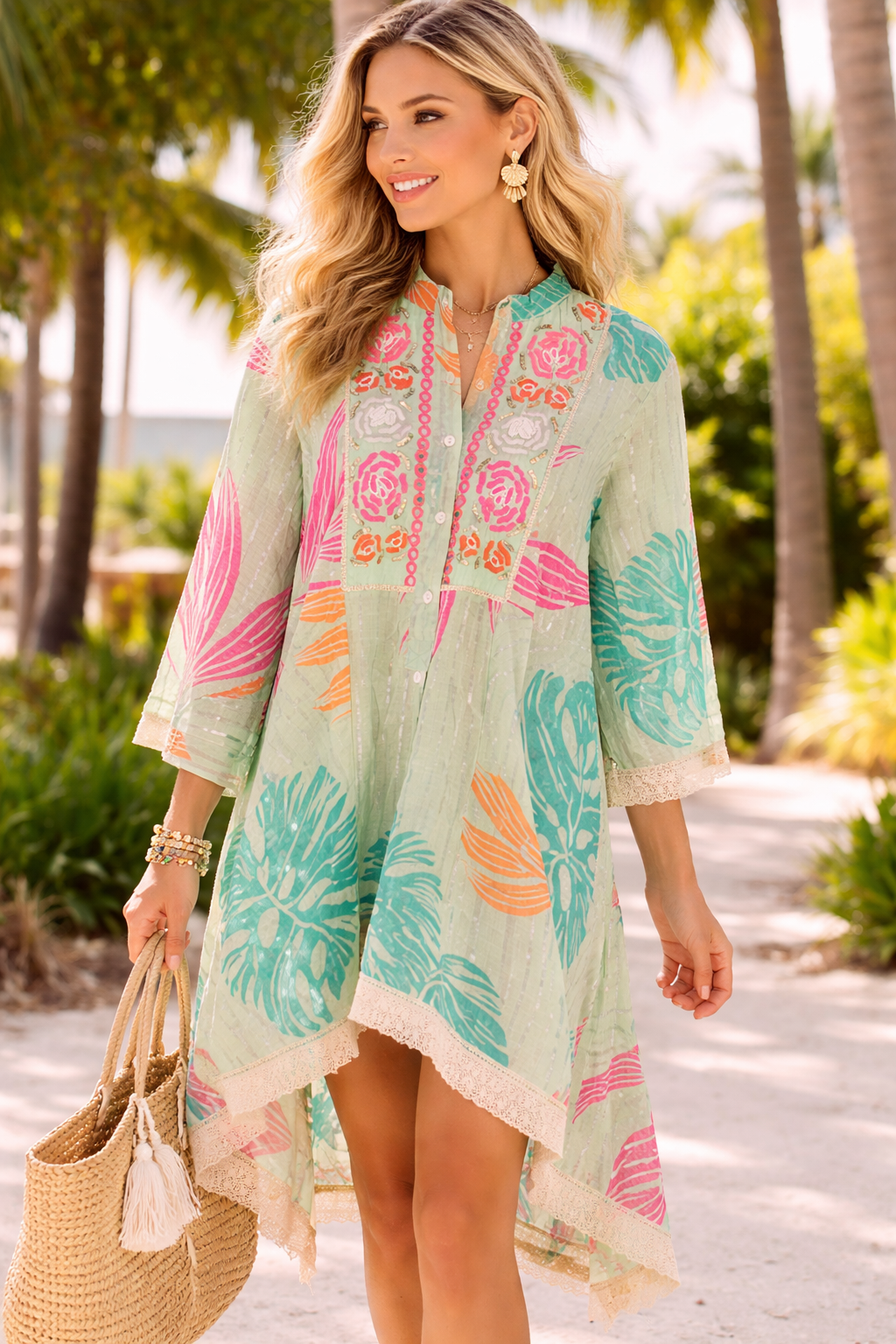 Tropical Muse Embroidered Tunic Coverup Dress