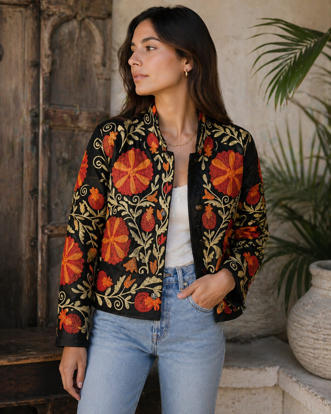 Sunset Bloom Hand-Embroidered Denim Jacket