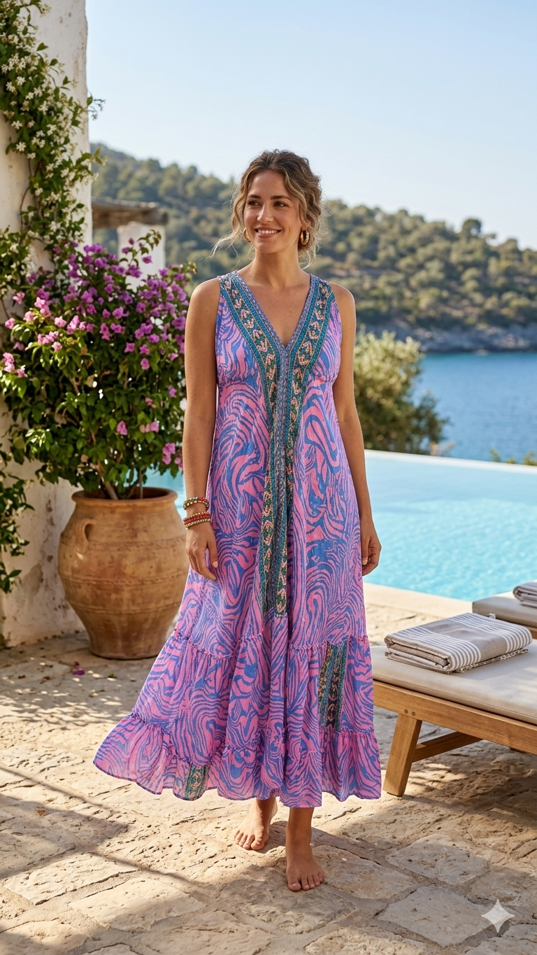 Pink Tides Silk Halter Maxi Dress