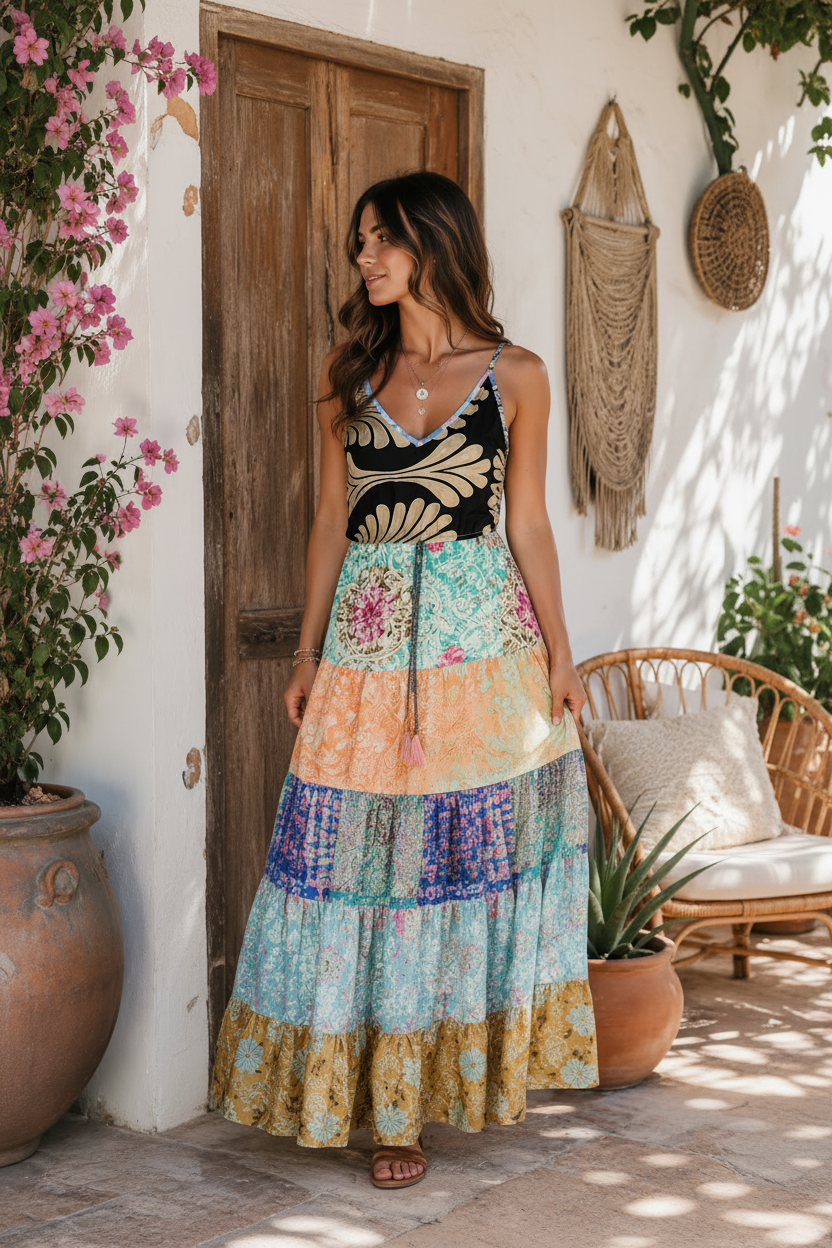 Midnight Mirage Patchwork Silk Dress