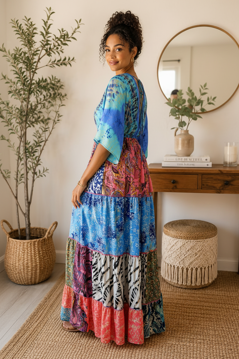 Azure Moon Patchwork Maxi Dress