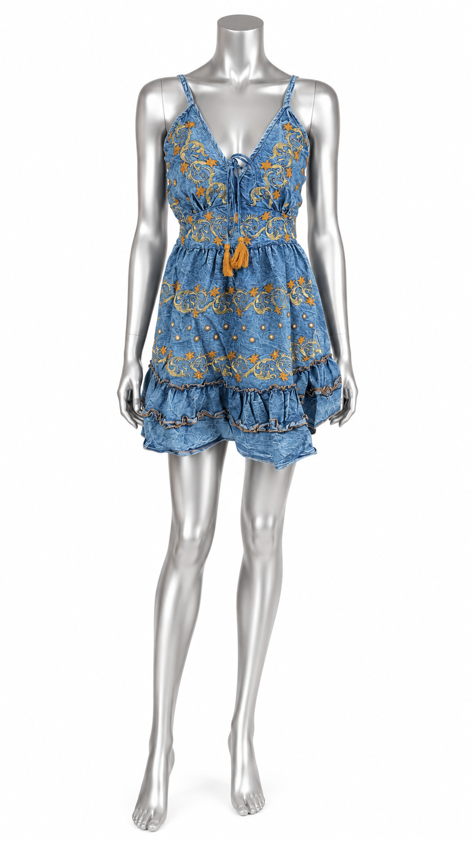Golden Tides Embroidered Denim Sundress