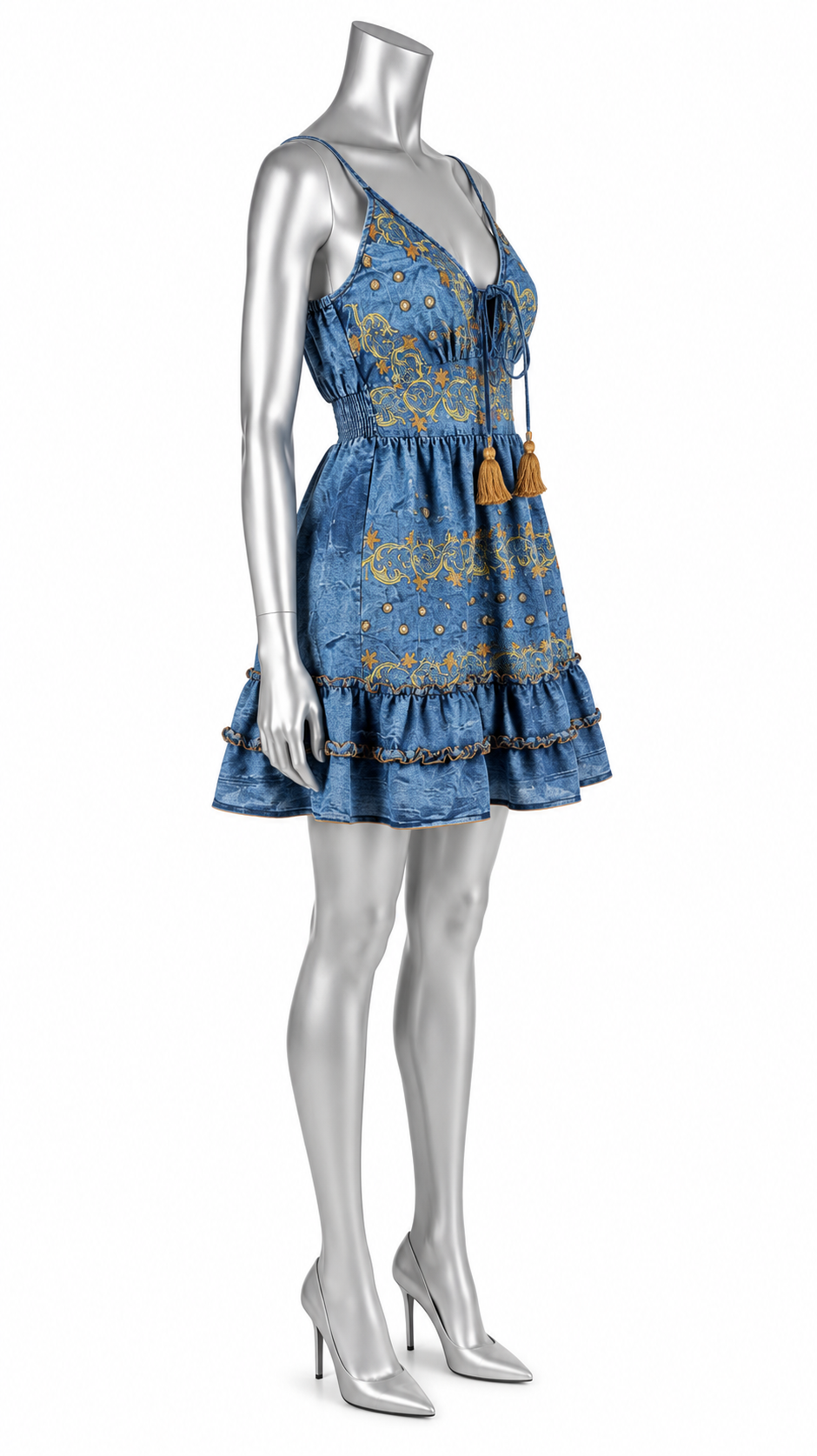 Golden Tides Embroidered Denim Sundress
