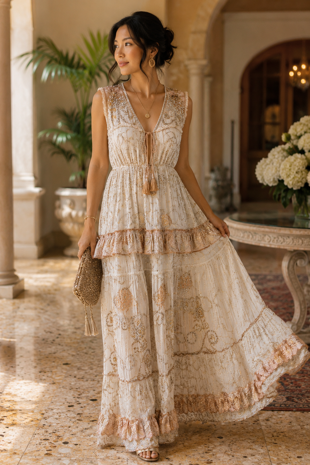 Champagne Starlight Embellished Maxi Dress