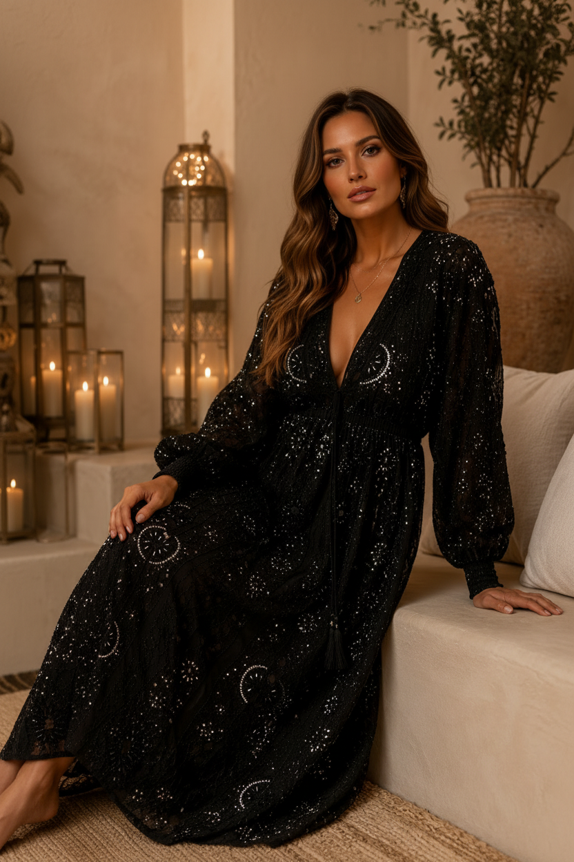 Midnight Moonlight Embellished Maxi Dress