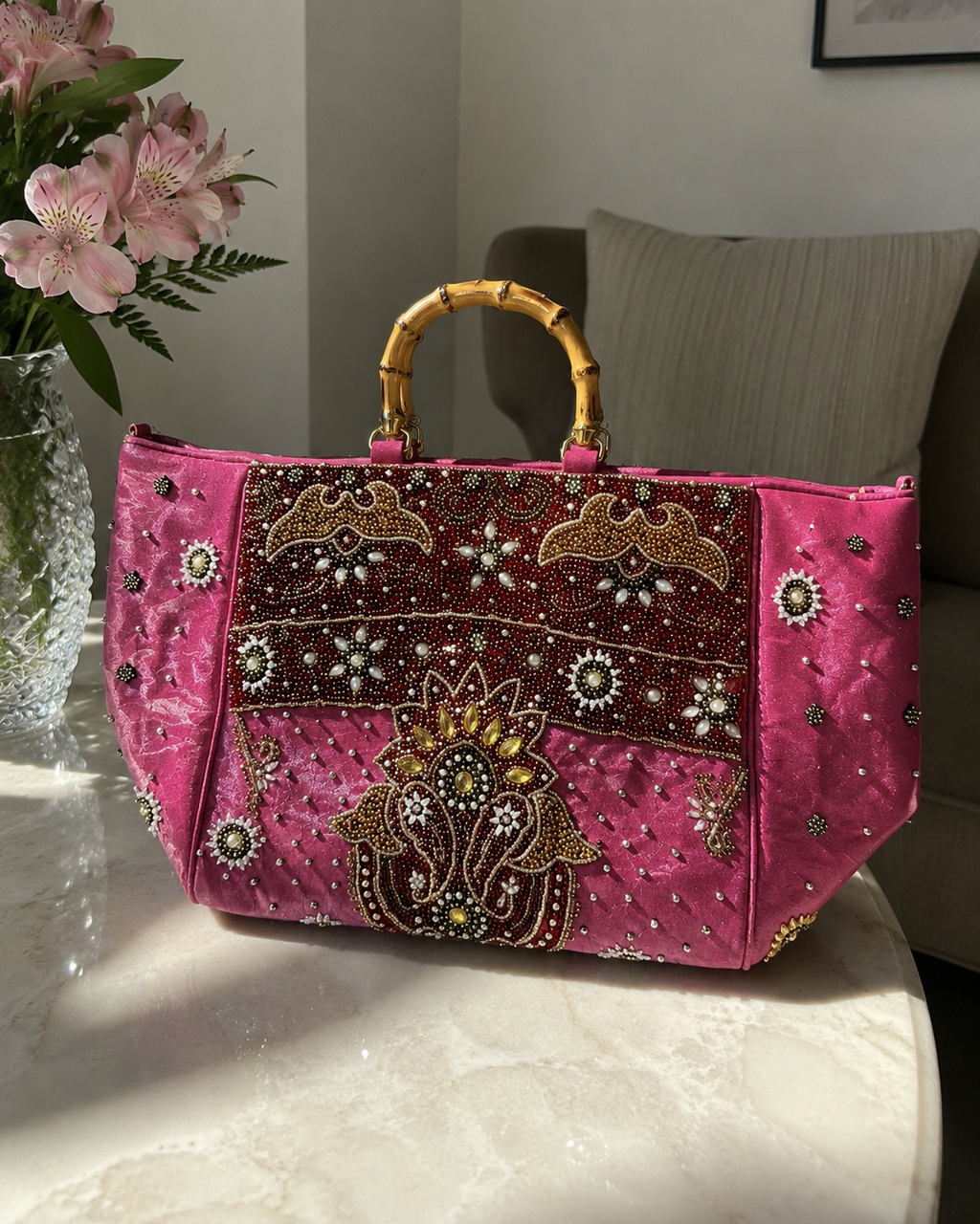 Rosé Maharani Embellished Bamboo Tote