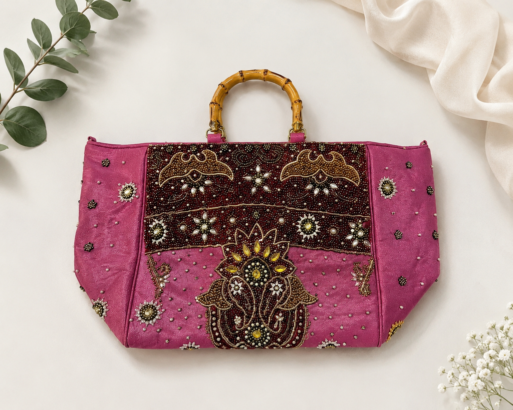 Rosé Maharani Embellished Bamboo Tote