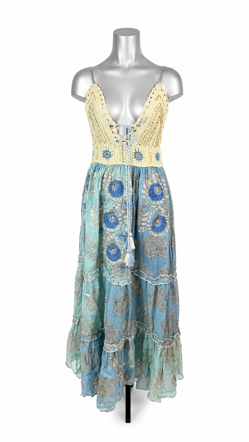 Azure Heirloom Brocade & Crochet Maxi Dress