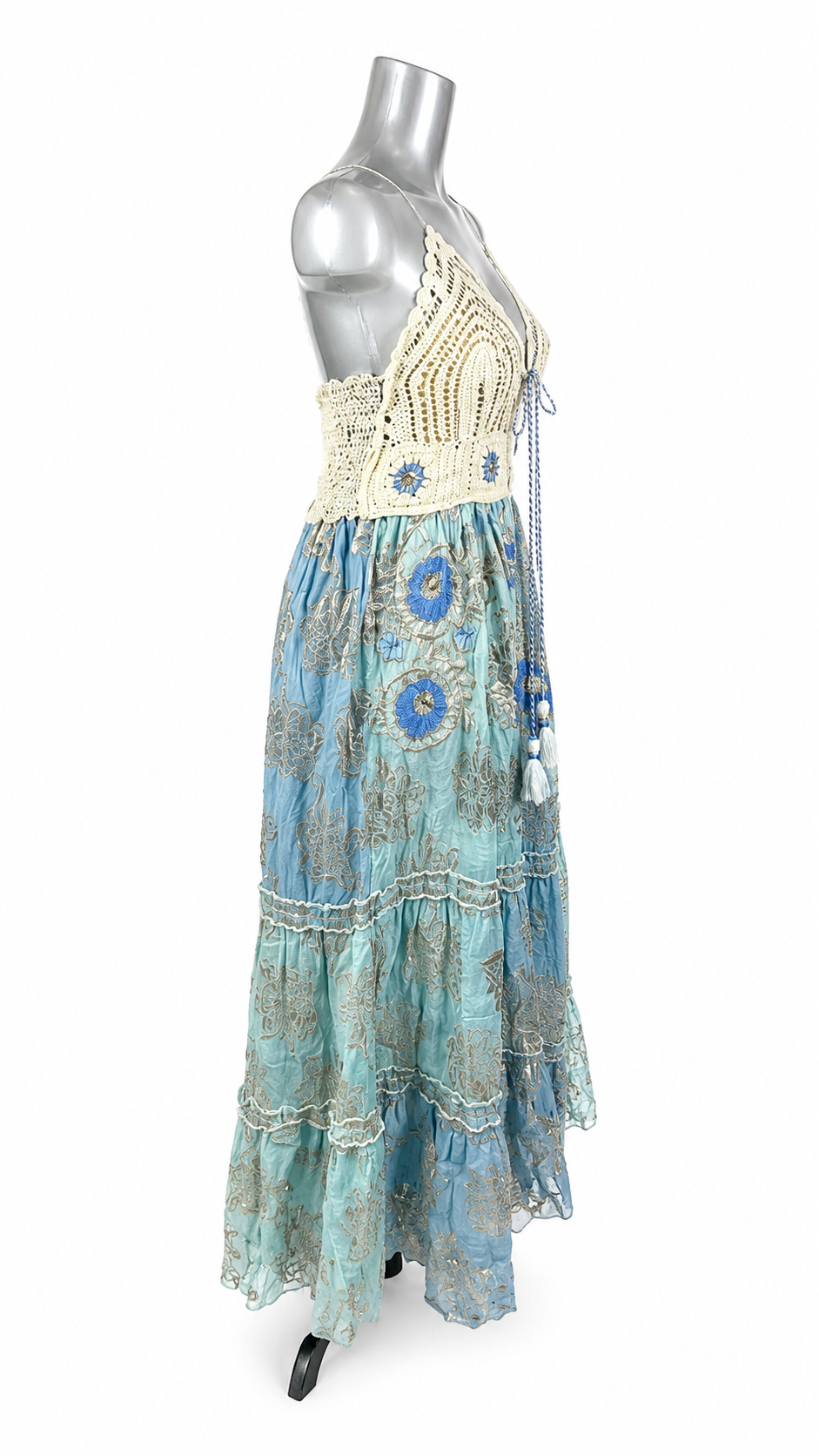 Azure Heirloom Brocade & Crochet Maxi Dress