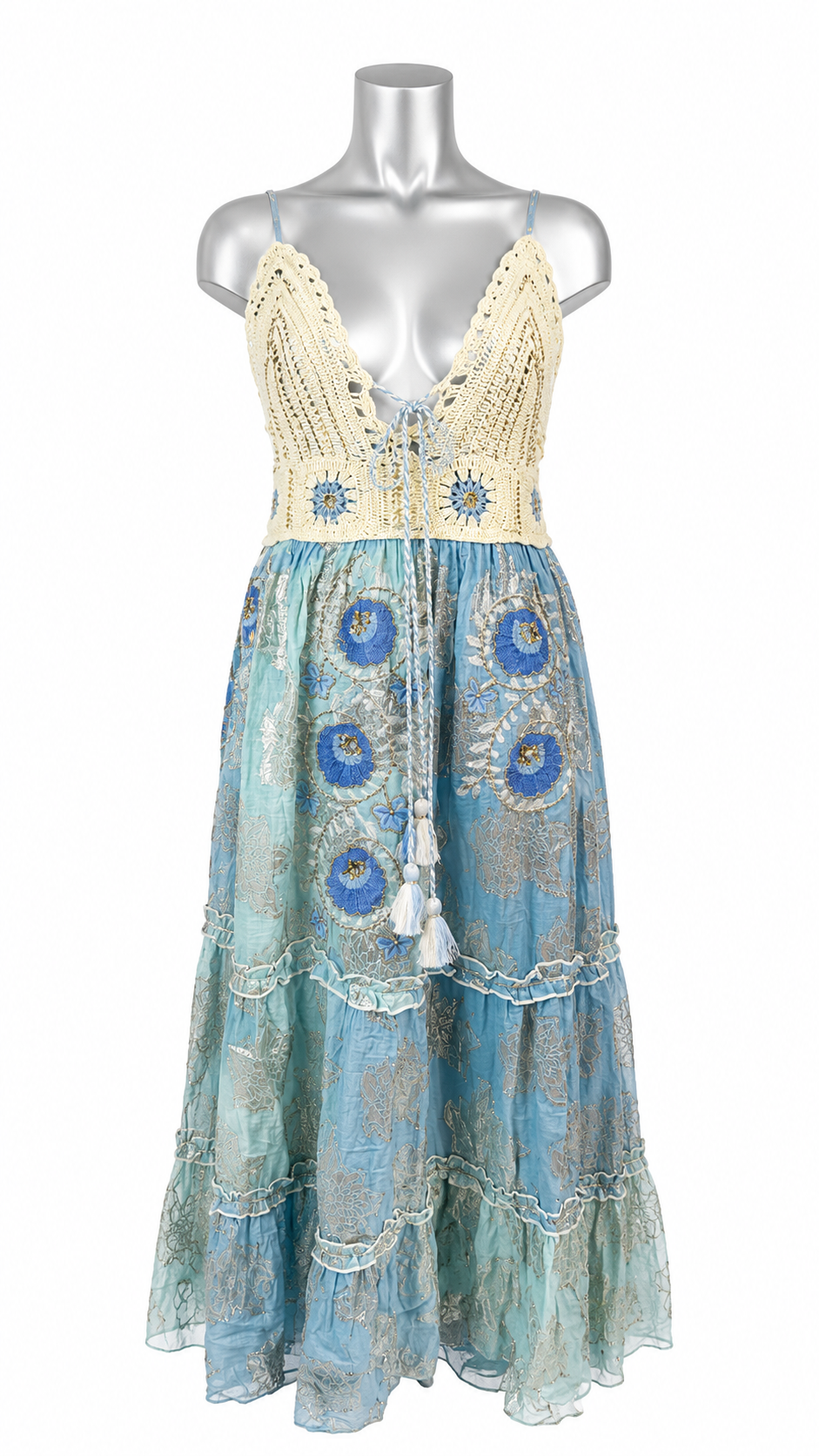 Azure Heirloom Brocade & Crochet Maxi Dress
